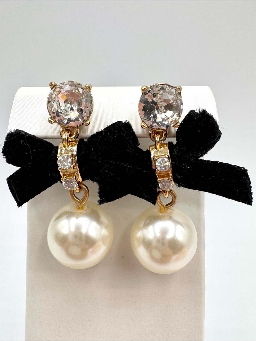 J.Crew Black Velvet Bow Faux Pearl Rhinestone Drop Earrings Black Tie Fancy Gala
